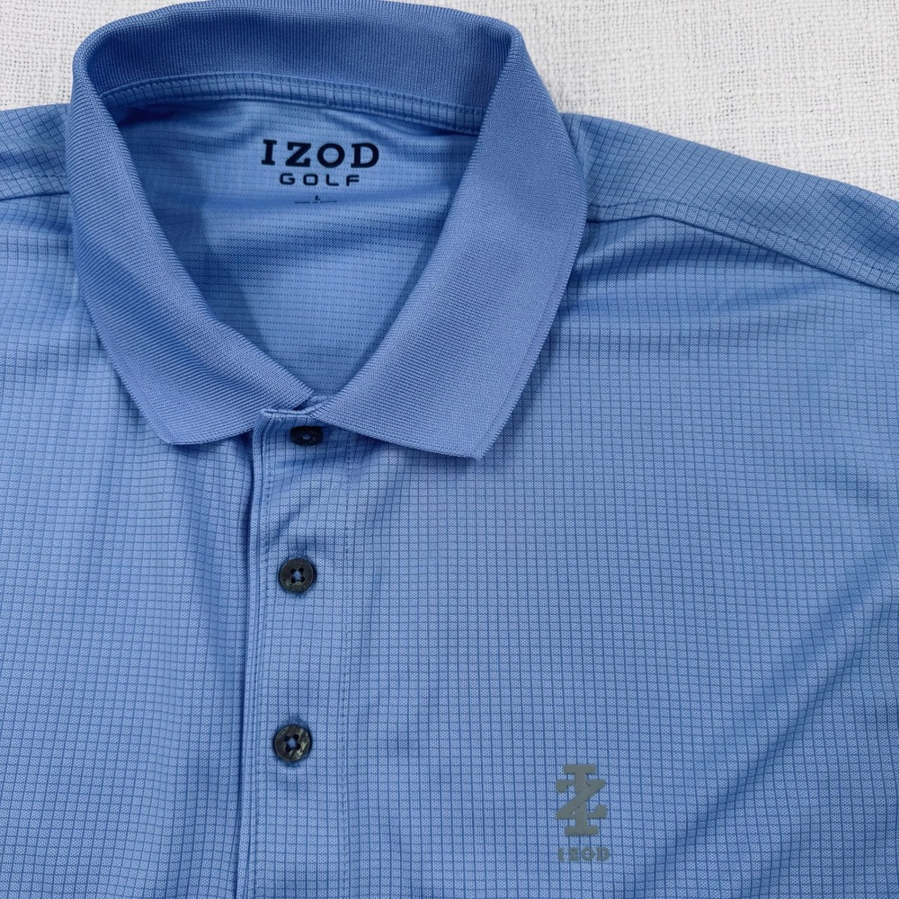 IZOD Golf Mens Blue Micro Grid Performance Polo Shirt Large Short Sleeve L